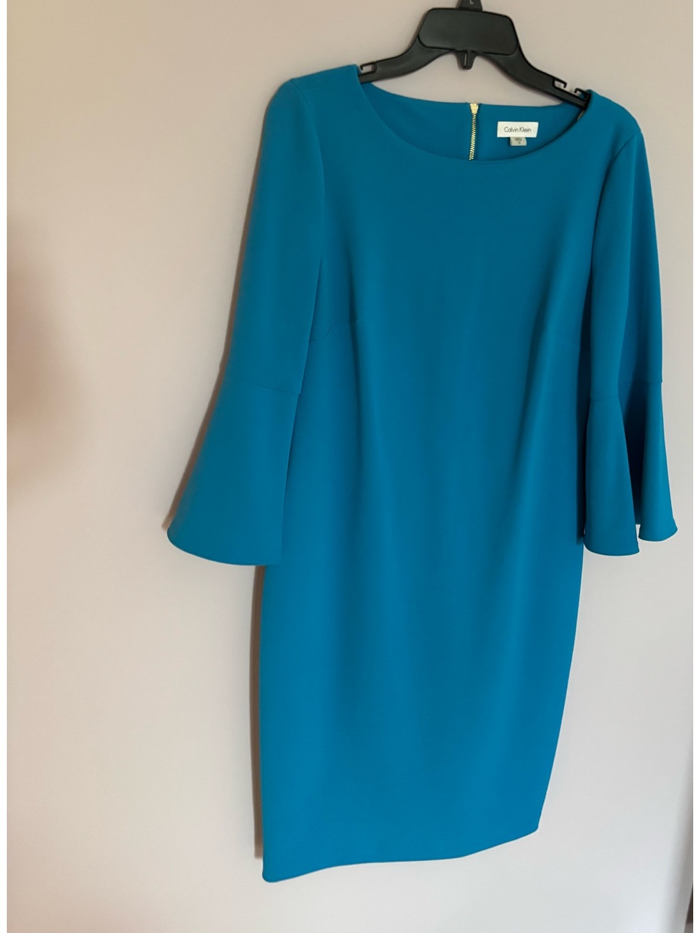 CALVIN KLEIN Teal Blue Bell-Sleeve Sheath Dress with Gold Zipper Accent Size 12